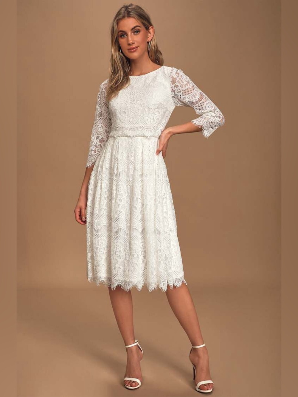 🕊️LULUs Forever Your Love White Lace Three-Quarter Sleeve Midi Dress. Size SMALL